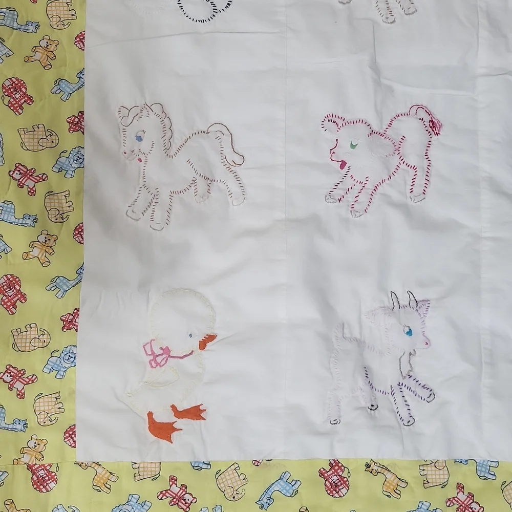 Handmade Yellow White Embroidered Animal Baby Quilt Blanket